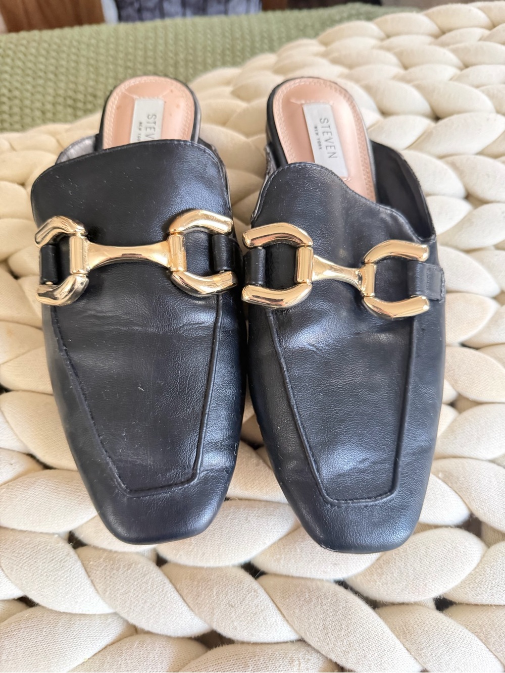 Steven By Steve Madden Black Leather Backless Mules with Gold Bit Square Toe
